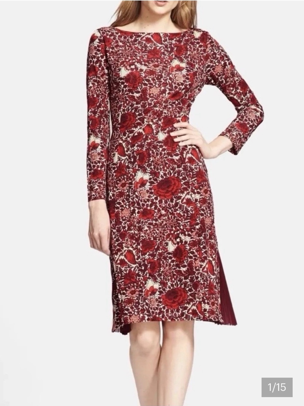 Tory Burch Red Floral Long-Sleeve Sheath Dress Size L
